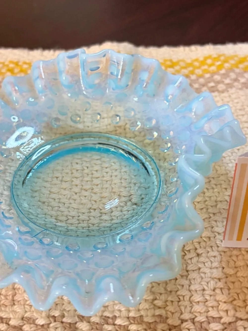 Vintage MCM (1940-69) Fenton Art Opalescent Aquamarine Hobnail Ruffled Dish